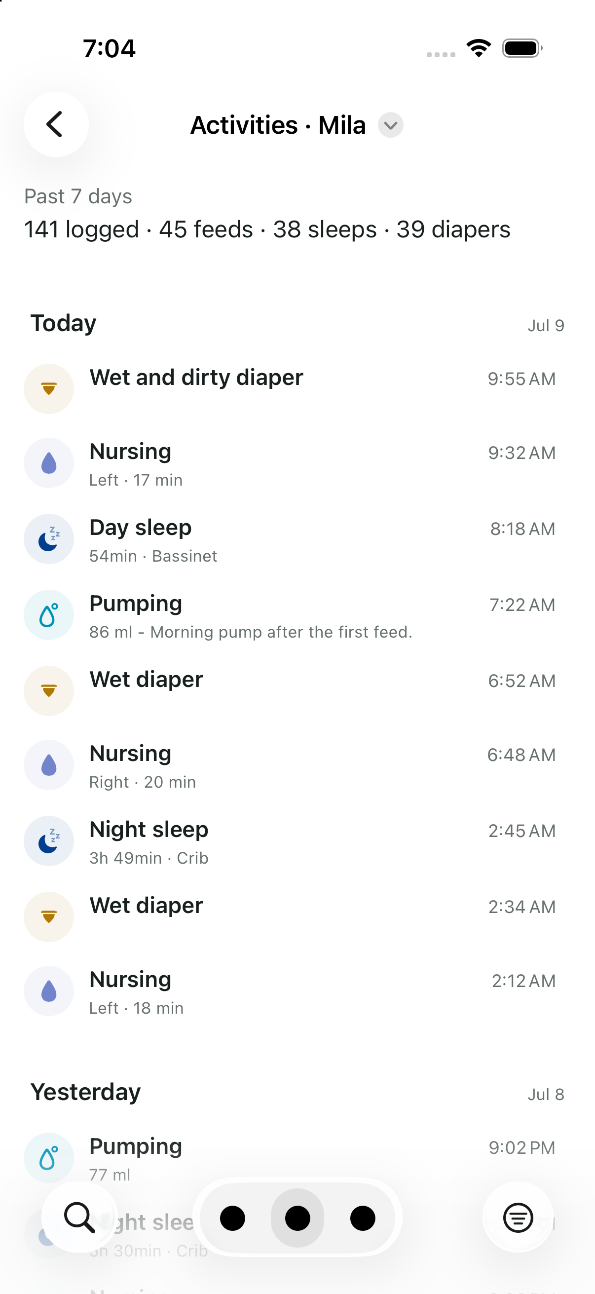 Mila’s shared Journey lists recent diaper changes, feeds and sleep with their times.