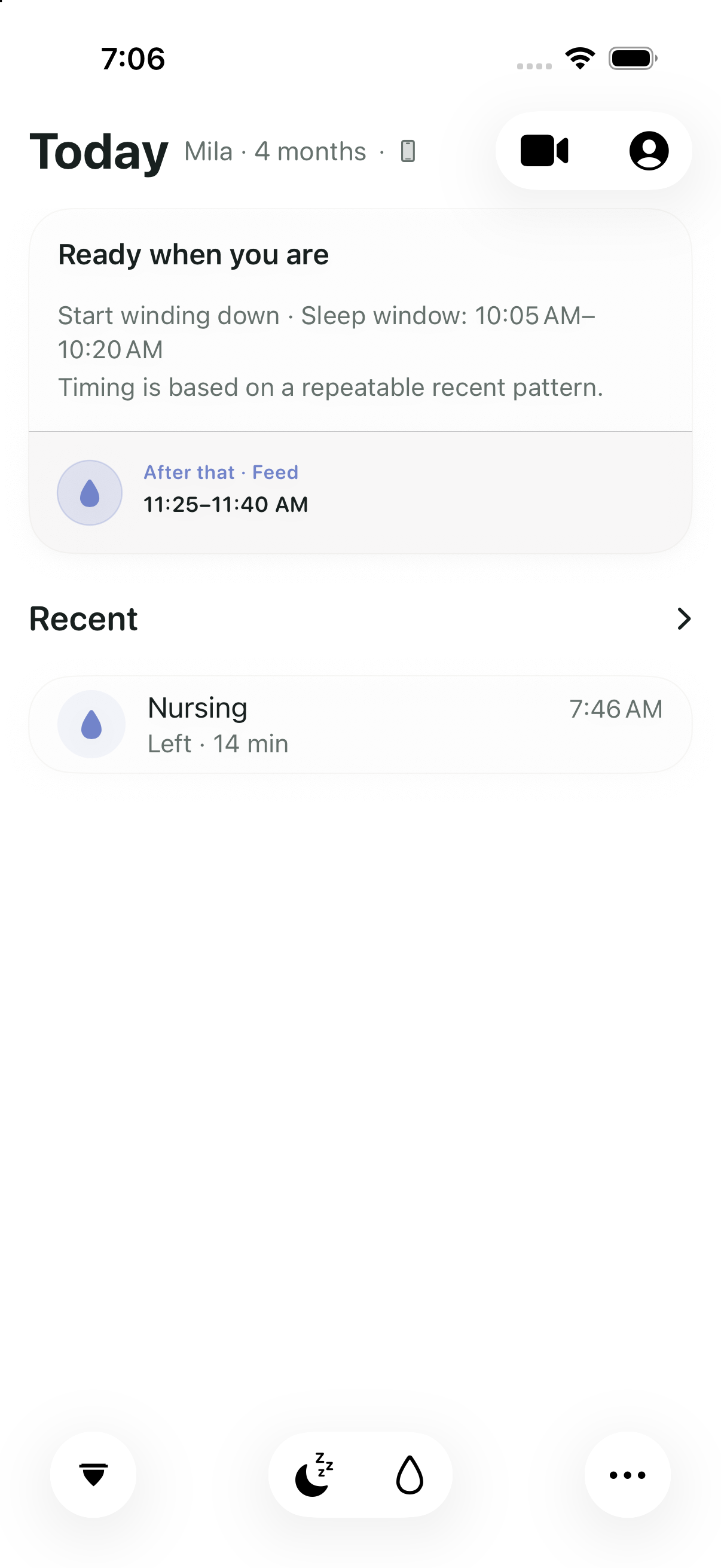 Mila Today shows the next care step and an estimated sleep window.
