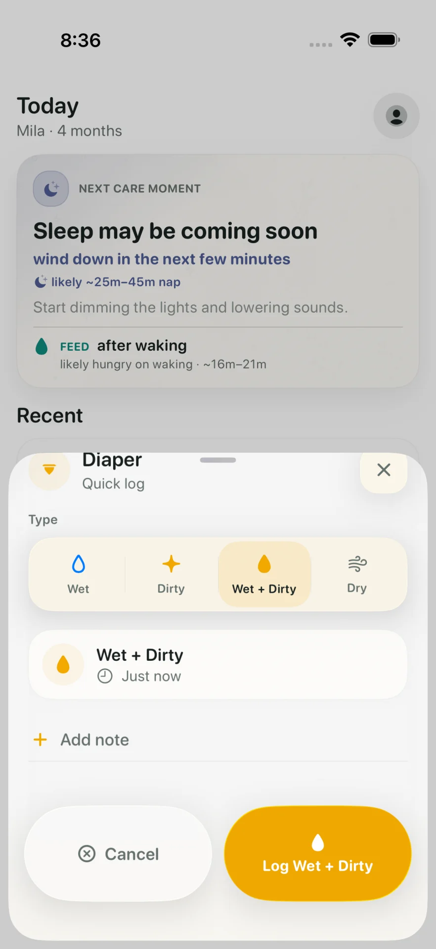 Quick diaper log in Mila.