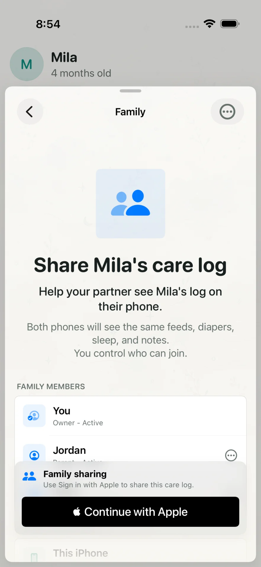 Mila Family screen for sharing the care log with trusted caregivers.