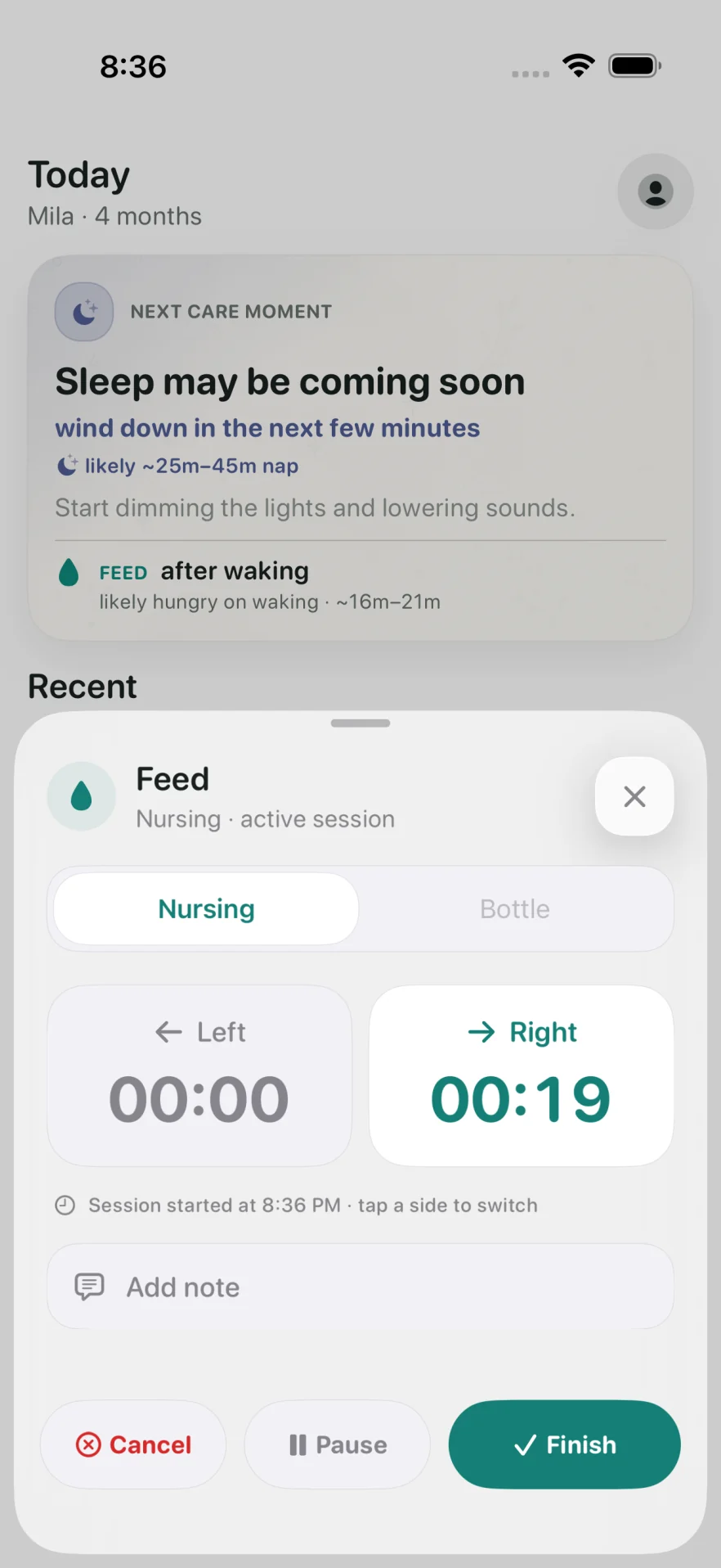 Mila active nursing timer with left and right side controls.