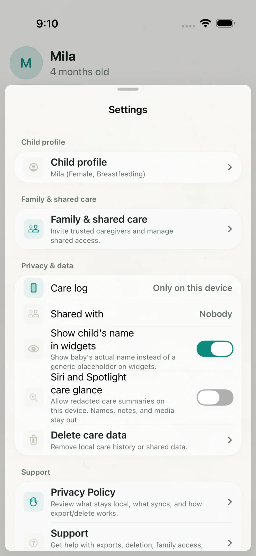 Mila Settings showing privacy, sharing, export, and deletion controls.