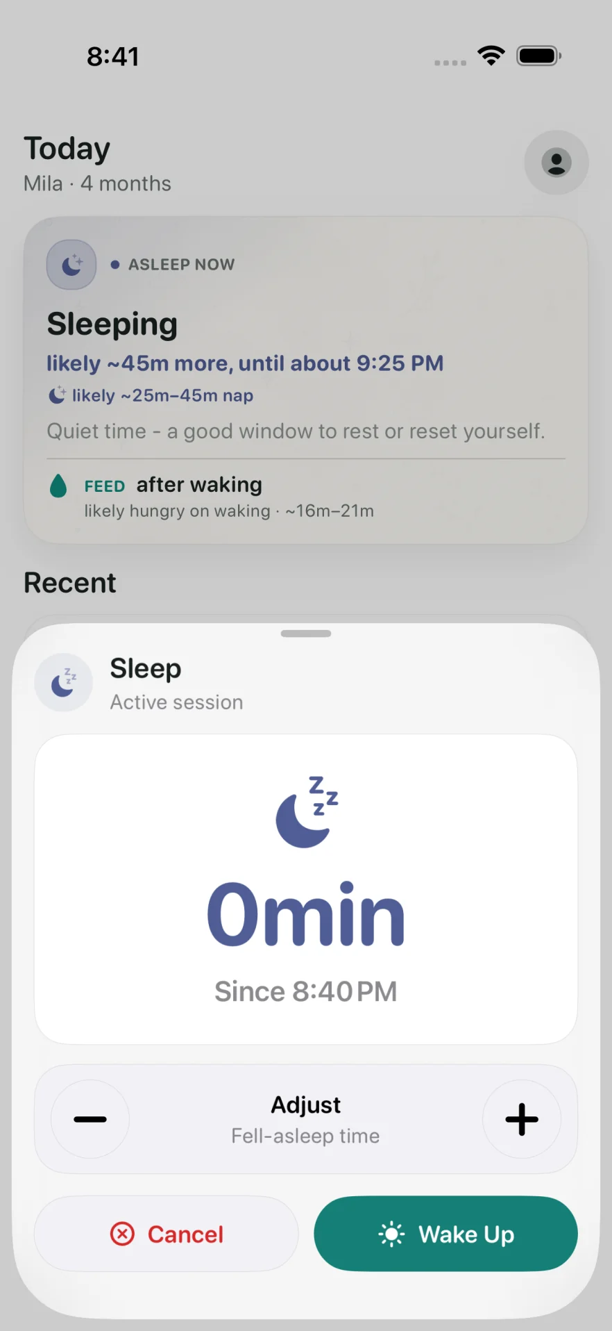 Mila active sleep timer with wake-up and adjustment controls.