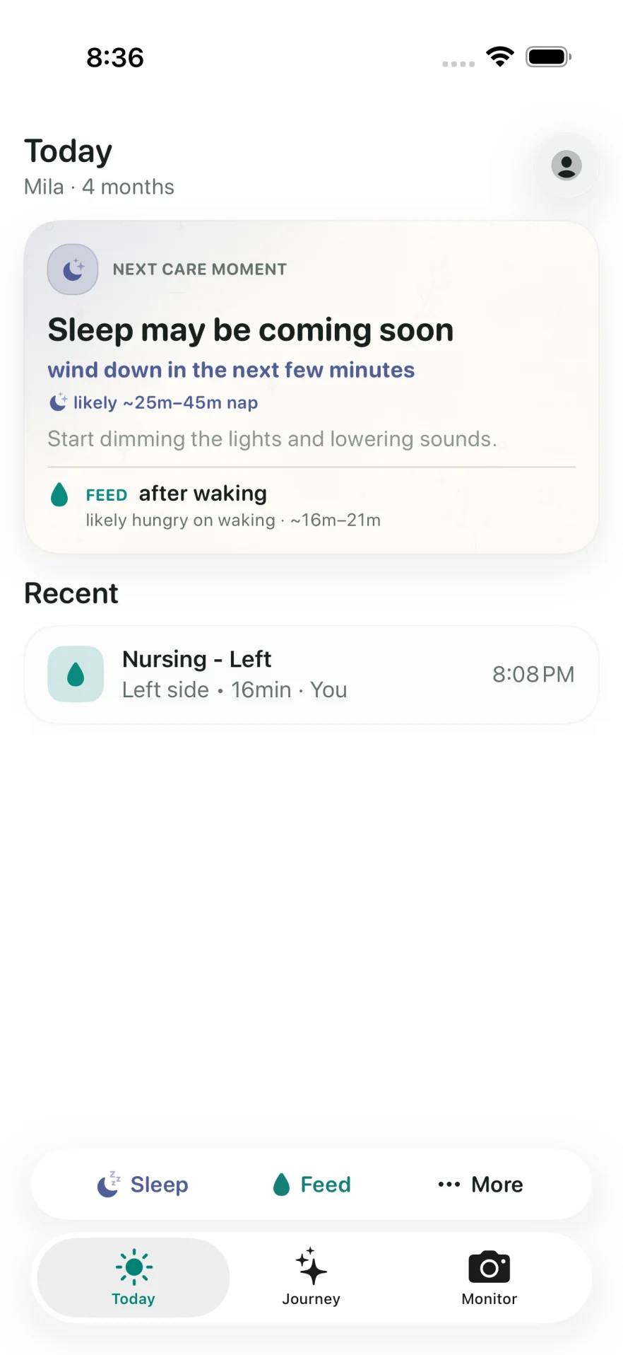 Mila Today screen with the next care moment and recent nursing activity.